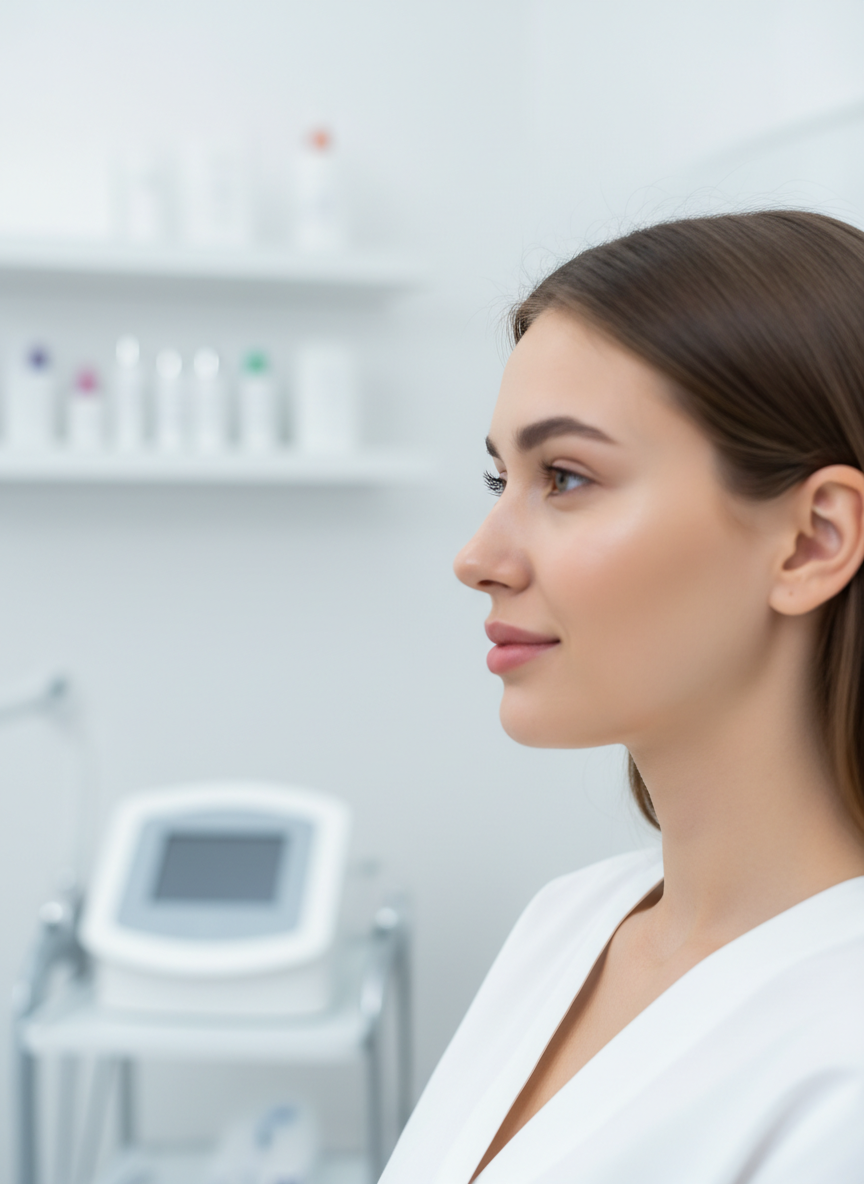 Fotografía suave de una mujer adulta joven de perfil tres cuartos, en una clínica de medicina estética muy luminosa y blanca. La mujer tiene la piel cuidada, expresión relajada, sin mostrar claramente el rostro completo (ligero desenfoque o encuadre que impide identificarla). De fondo se intuyen aparatos médicos modernos y estanterías blancas, todo muy limpio y profesional. Colores blancos y azules suaves, estilo realista, sensación de confianza, profesionalidad y bienestar, sin agujas visibles ni procedimientos invasivos.