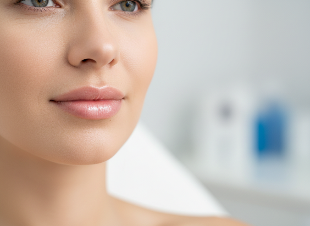 Fotografía realista y luminosa para web de medicina estética. Mujer adulta joven (30-40 años), piel muy cuidada, con labios glamurosos: bien definidos, con volumen sutil y un brillo elegante, sin resultar exagerados ni sexualizados. Plano medio corto del rostro (zona media e inferior), expresión relajada y confiada. Fondo ligeramente desenfocado que sugiera una clínica moderna y luminosa, en tonos blancos y azul suave. Sin jeringas, agujas ni procedimientos visibles. Estilo editorial elegante, encuadre horizontal 4:3.
