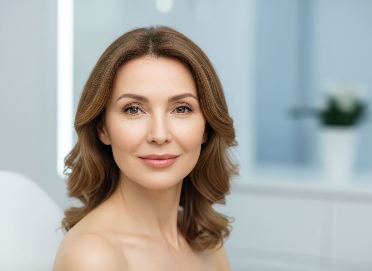 Fotografía realista y luminosa para web de medicina estética. Mujer de unos 50 años, piel muy cuidada, rasgos naturales y elegantes, que luzca estupenda y saludable, sin rasgos sexualizados. Plano medio corto del rostro y parte de los hombros, expresión serena y confiada. Fondo ligeramente desenfocado que sugiera una clínica moderna y luminosa en tonos blancos y azul suave. Sin jeringas, agujas ni procedimientos visibles. Estilo editorial elegante, encuadre horizontal 4:3.