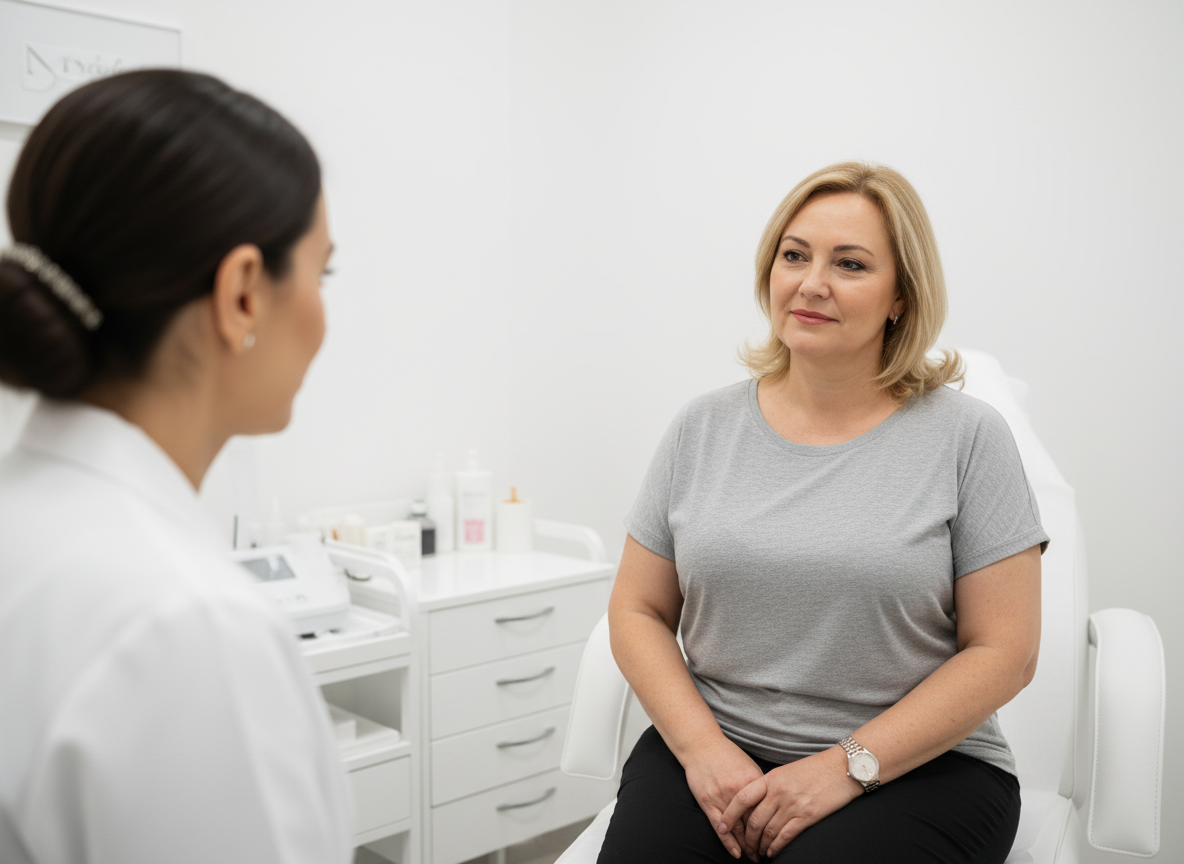 Fotografía profesional, realista y luminosa en formato horizontal 4:3 para una web de clínica de medicina estética. Sala de consulta moderna y blanca, claramente médica-estética (camilla, mobiliario clínico discreto, luz suave). En primer plano, una paciente mujer adulta con un ligero sobrepeso, aspecto cuidado y cercano, sentada o semisentada, ocupando más protagonismo en la imagen que la profesional. Frente a ella, en segundo plano, una nutricionista o doctora con bata clara, algo desenfocada o menos prominente. Ambas en actitud de conversación o valoración, con gesto tranquilo y respetuoso. Sin jeringas, agujas ni procedimientos visibles. Estilo editorial elegante y profesional, coherente con el resto de la web.