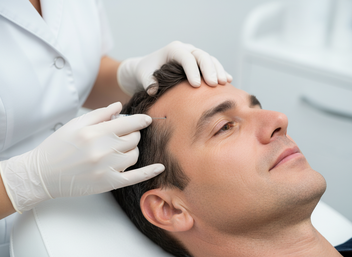 Fotografía profesional y realista en formato horizontal 4:3 para web de medicina estética. Paciente varón adulto, de 30-45 años, recibiendo un tratamiento inyectable capilar de forma muy sutil. El punto de inyección está claramente en la zona del cuero cabelludo con cabello (línea frontal o coronilla), no en la frente. Se ve la parte superior de la cabeza y algo del perfil del rostro, con expresión relajada, tumbado en una camilla de clínica moderna y luminosa. Una mano enguantada de profesional sanitario aplica una microinyección en el cuero cabelludo con aguja fina, sin mostrar sangre ni detalles explícitos. Ambiente limpio, tonos blancos y azul suave, estilo editorial elegante y profesional, sin dramatismo ni sensación invasiva.