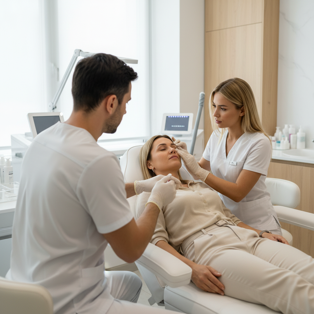 Misma escena actual: clínica de medicina estética moderna, limpia y luminosa, en formato cuadrado. Dos médicos estéticos, uno hombre y una mujer, con bata o pijama sanitario claro y guantes, trabajando en modo hands-on con una paciente adulta con ropa normal sentada o semitumbada en sillón o camilla. Uno de los médicos actúa como docente (de espaldas o ligeramente fuera de foco para que no se vea bien la cara) y el otro como alumno observando atentamente la técnica. No debe aparecer en ningún lugar texto ni logotipo que diga EstetiCare ni ninguna marca. Sin agujas explícitas ni sangre; foco en la interacción clínica y el aprendizaje práctico, estilo editorial elegante y profesional.