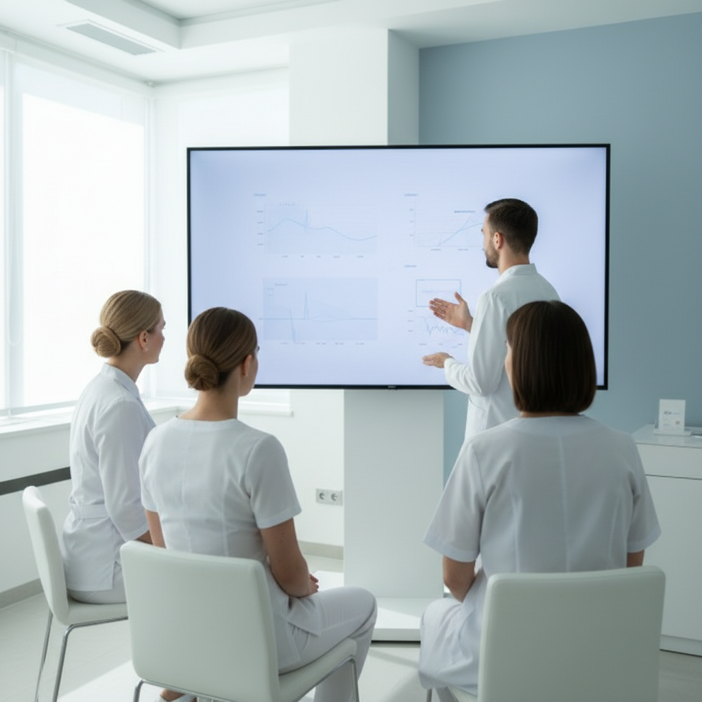 Fotografía profesional y realista en formato cuadrado para web de formación teórica en medicina estética. Sala de formación moderna y luminosa en una clínica: dos o tres médicos estéticos sentados o de pie, con bata o pijama sanitario claro, de espaldas o tres cuartos, mirando hacia una pantalla grande donde otro médico presenta diapositivas o imágenes médicas. La persona que presenta está de pie junto a la pantalla, pero su rostro no se ve (de espaldas, de lado fuera de foco o recortado por el encuadre). En la pantalla se intuyen gráficos o esquemas médicos suaves, sin texto legible ni logotipos. Ambiente profesional, tonos blancos y azul suave, estilo editorial elegante y coherente con EstetiCare.